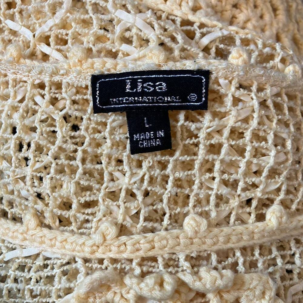 Lisa International Women's Canary Yellow 3/4 Sleeve Crochet Sweater | Size Large - Picture 7 of 9